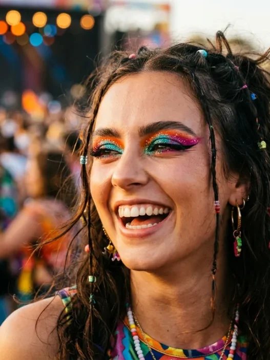 Woman with vibrant bold makeup at outdoor festival with warm lighting and crowd bokeh