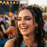 Woman with vibrant bold makeup at outdoor festival with warm lighting and crowd bokeh