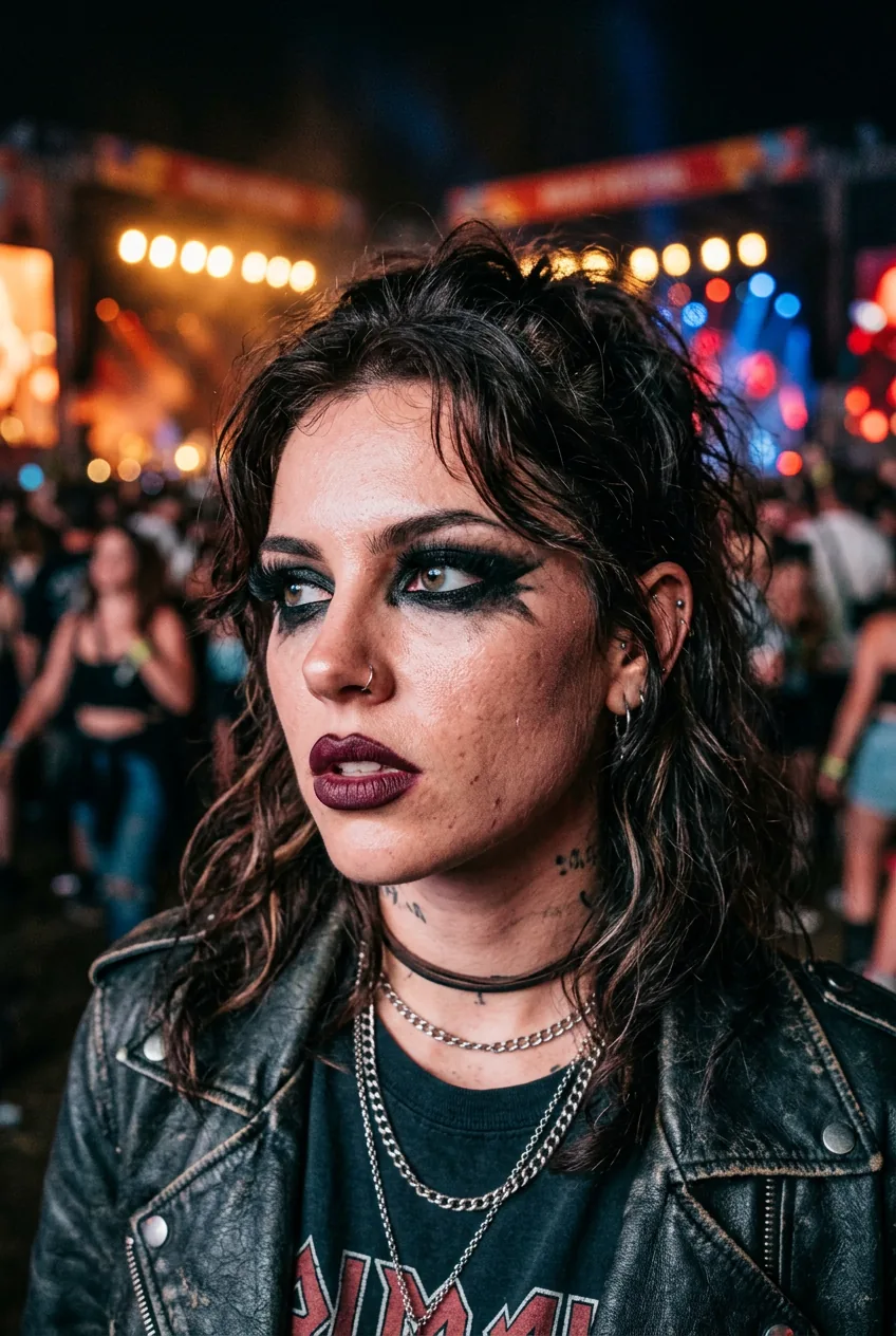 Bold festival grunge makeup with heavy black eyeliner and matte dark lipstick in dramatic lighting