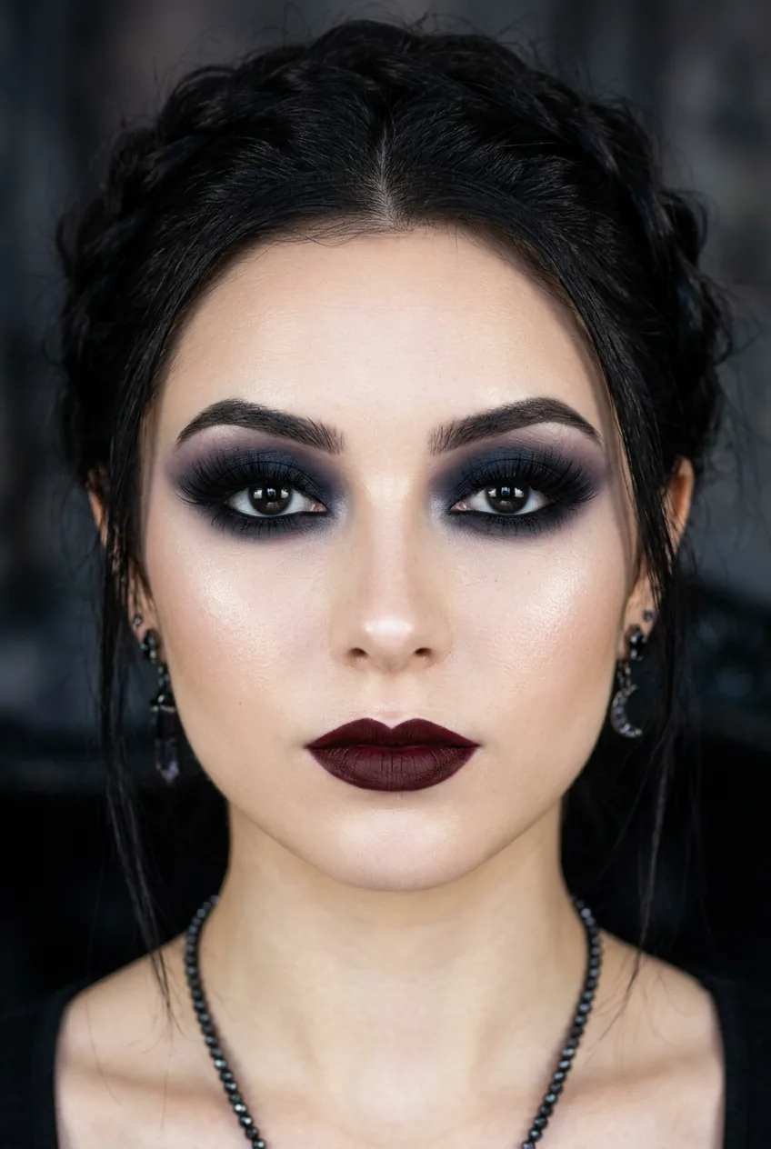 Both eyes showing final Halloween smoky makeup look with symmetrical dramatic gradient effect