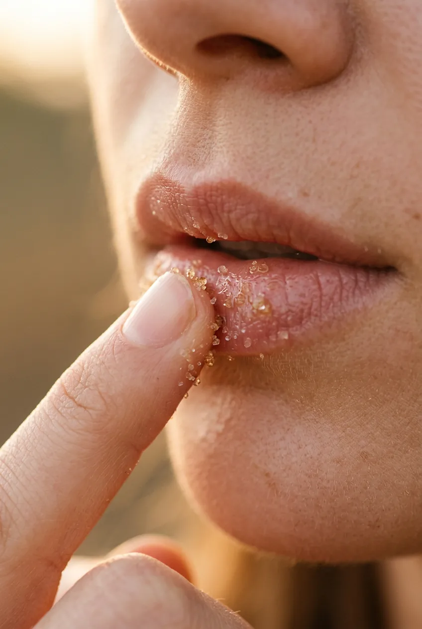 Extreme macro of finger gently exfoliating lips with sugar scrub in circular buffing motion