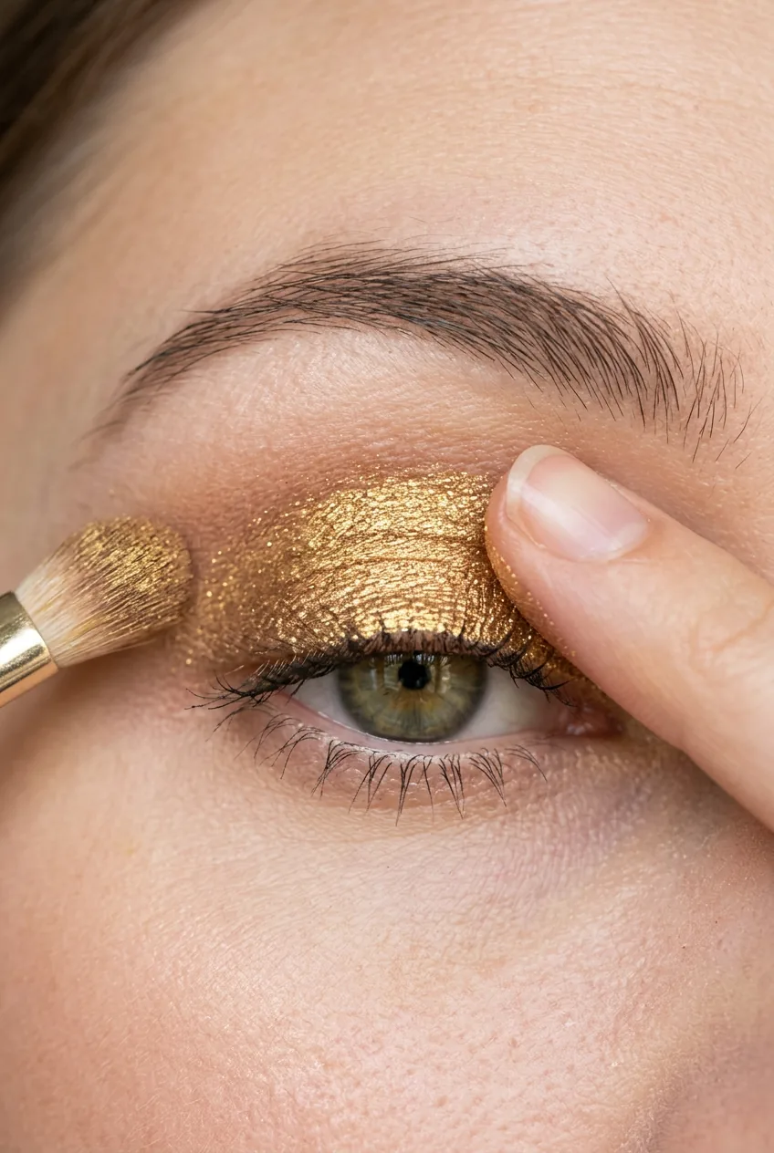 Finger pressing shimmery gold metallic eyeshadow onto eyelid for maximum pigment coverage and intensity