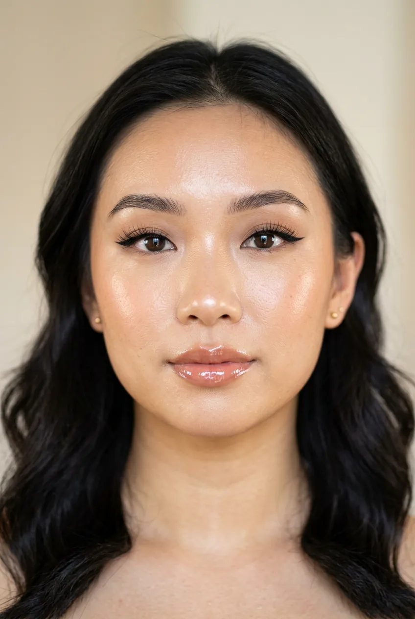 Complete ABG makeup look featuring glossy lips and overall radiant dewy complexion