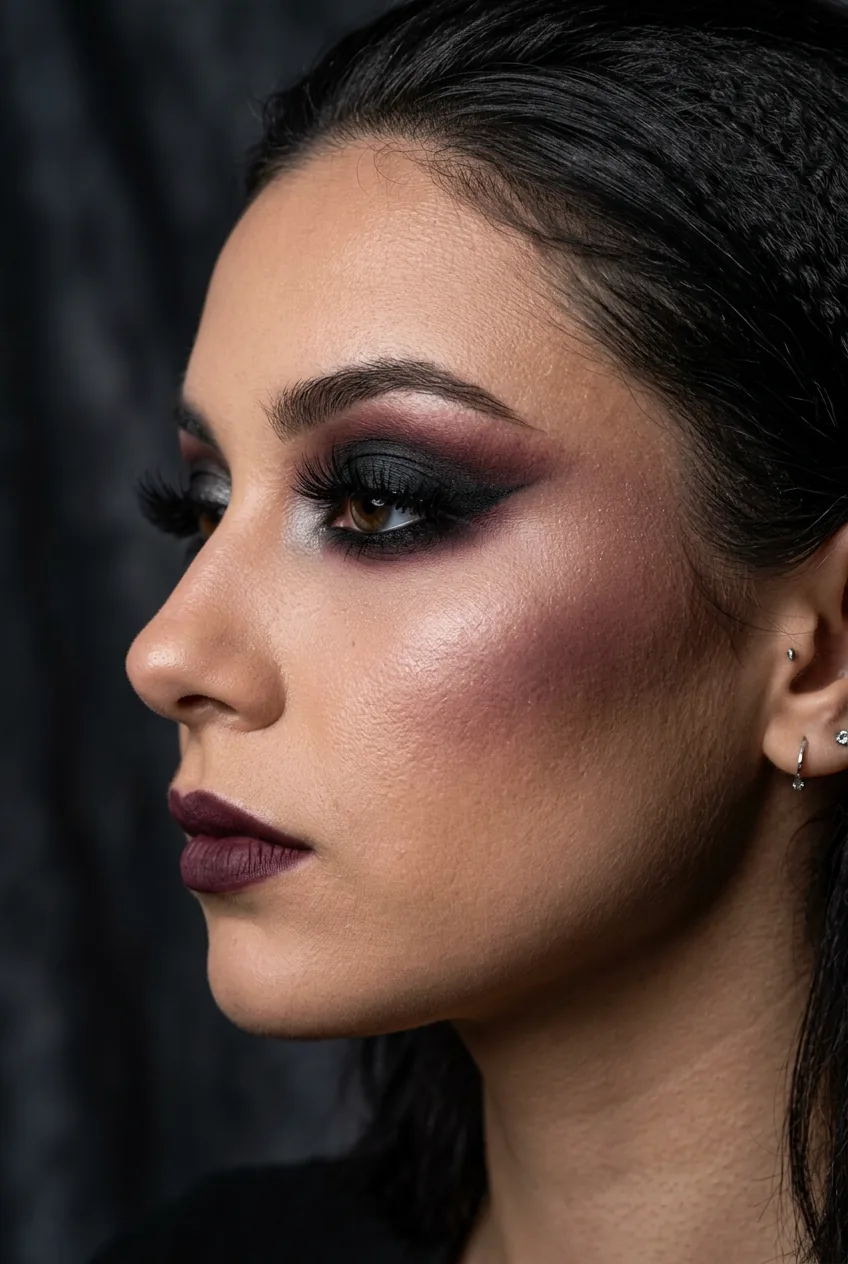 Side view of complete gothic eye makeup showing dimensional depth and layered color contrast