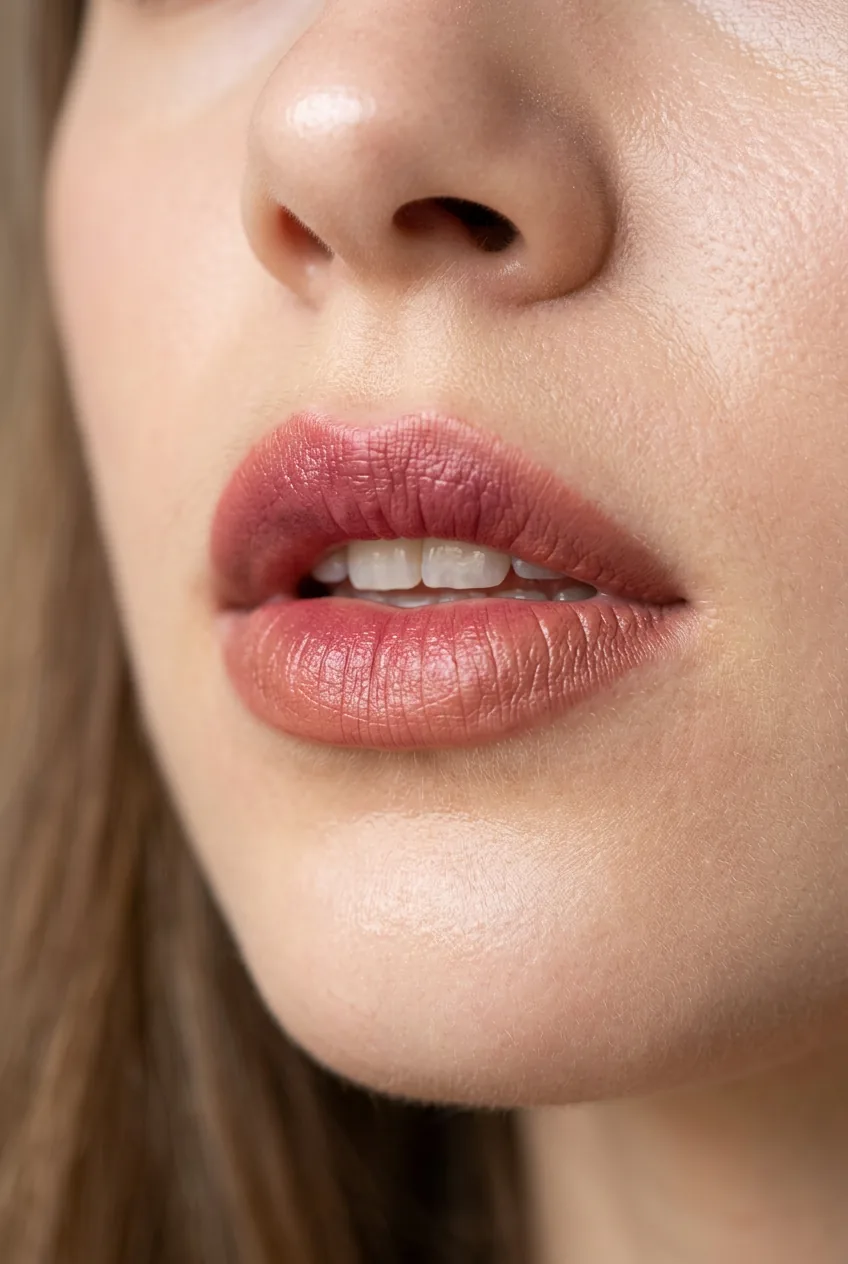 Close-up of finished layered lip combo showing dimensional color and texture