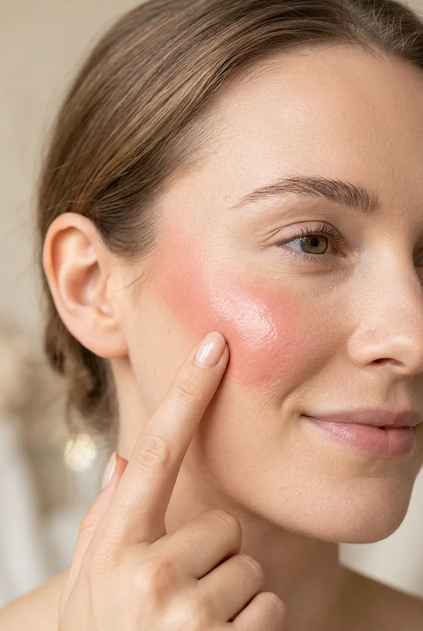 Side profile showing completed natural makeup with cohesive pink tones on eyes, cheeks and lips