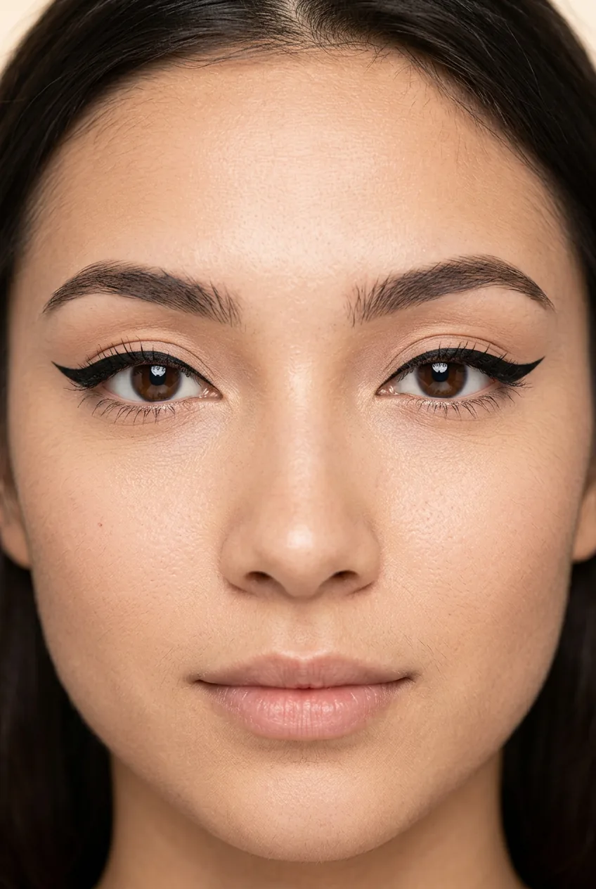 Both eyes open showing perfectly applied symmetrical winged eyeliner final result