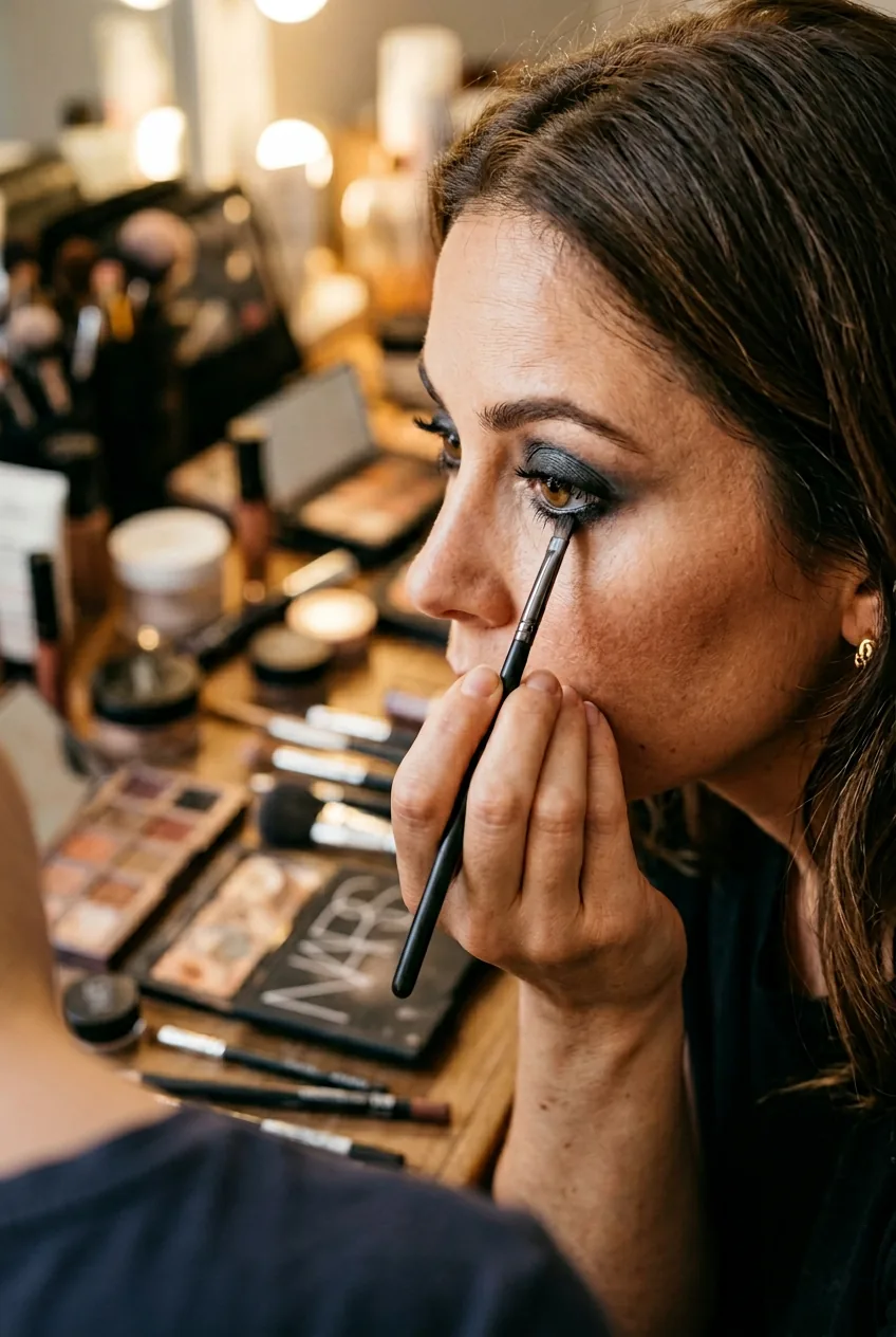 Woman applying precise finishing touches to smoky eye with small detail brush and makeup products nearby