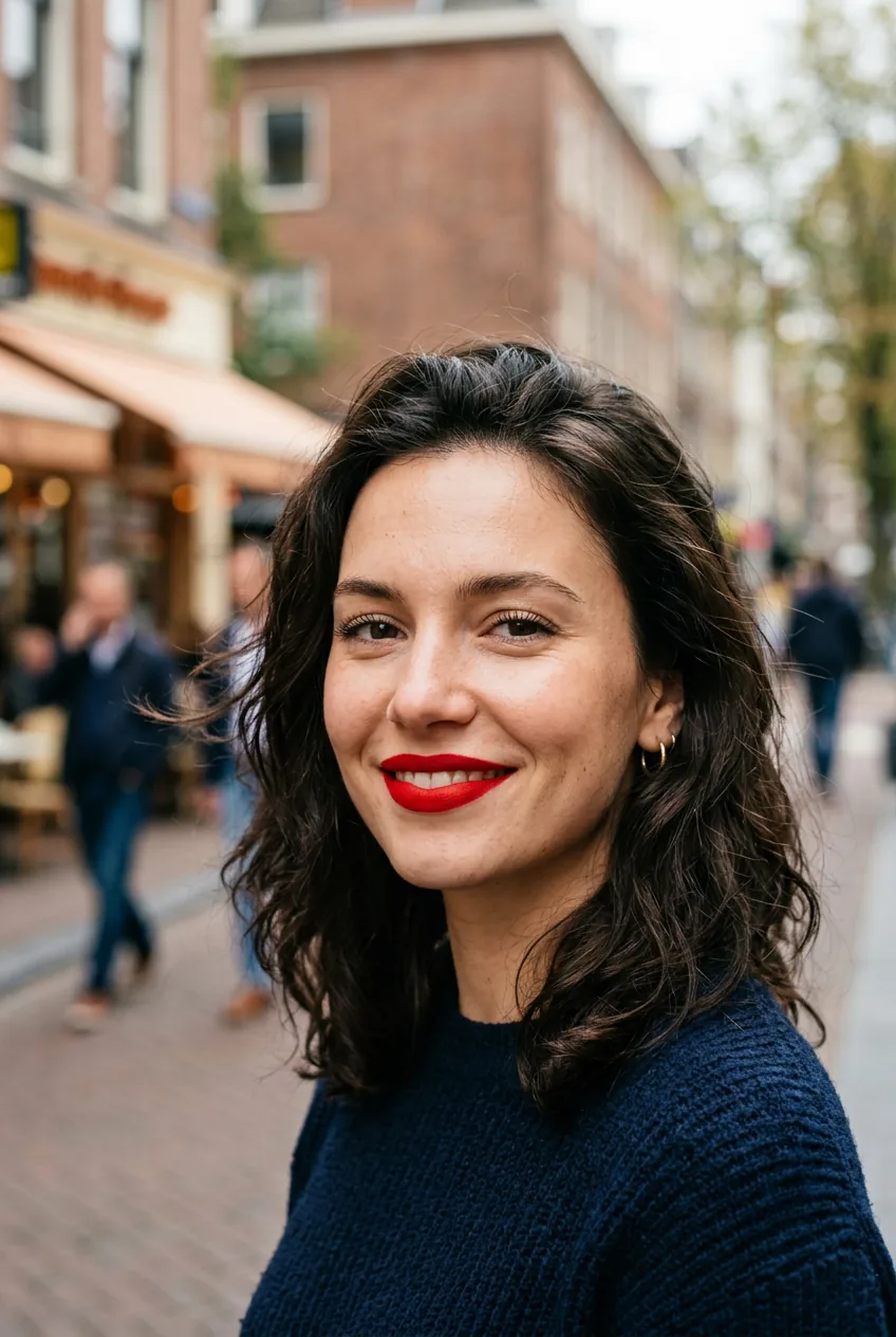 Close-up of woman wearing bold fire engine red lipstick in natural daylight setting