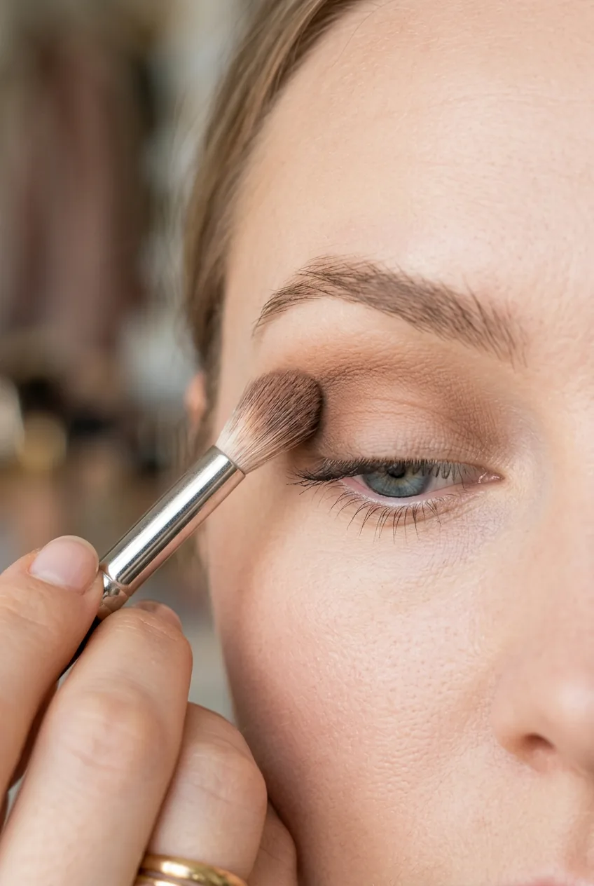 Close-up of fluffy blending brush creating soft brown gradient in eye crease with gentle circular motions