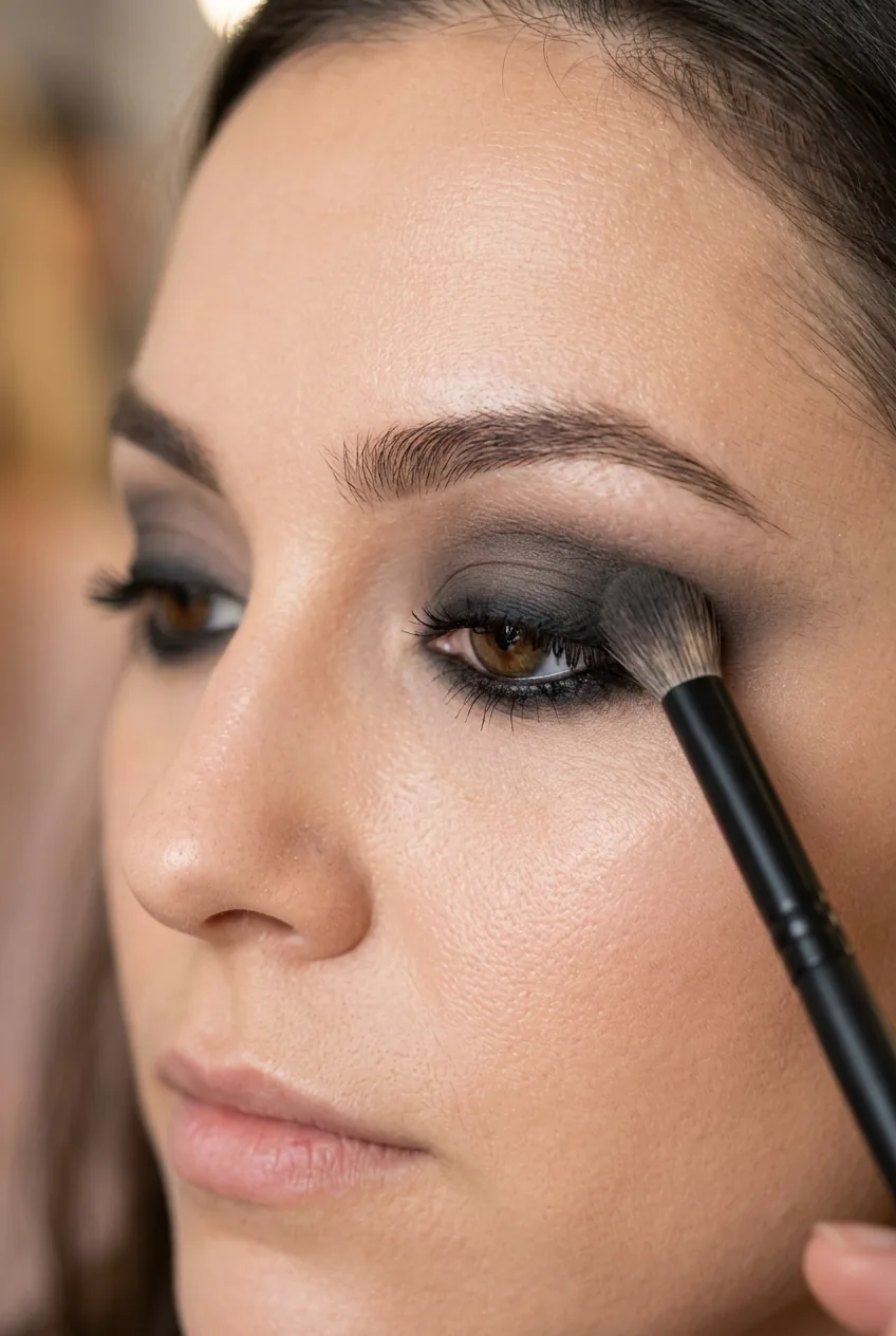 Fluffy blending brush applying dark eyeshadow over smudged kohl creating smoky gradient effect