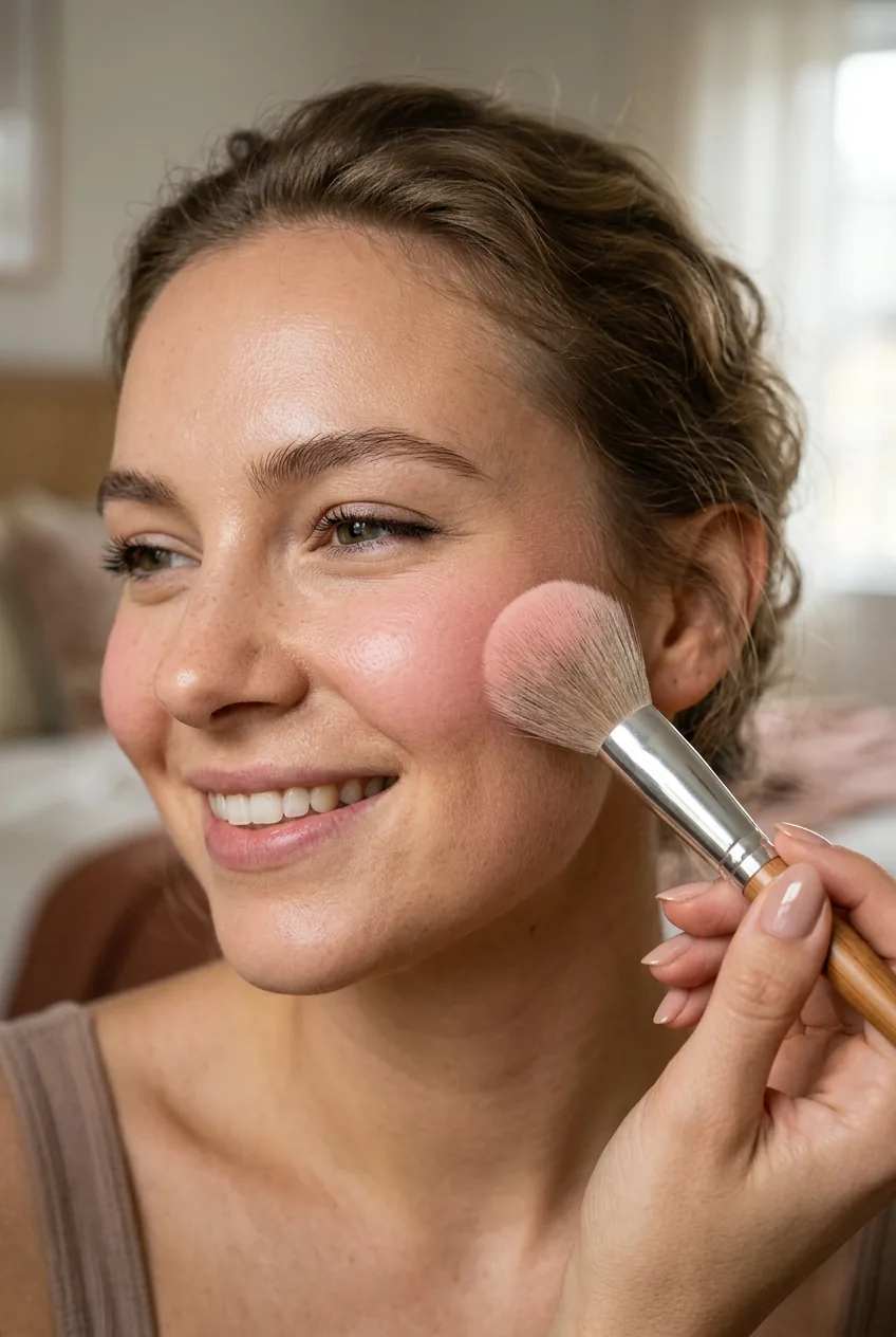 Fluffy makeup brush applying light pink blush to apple of cheek during application