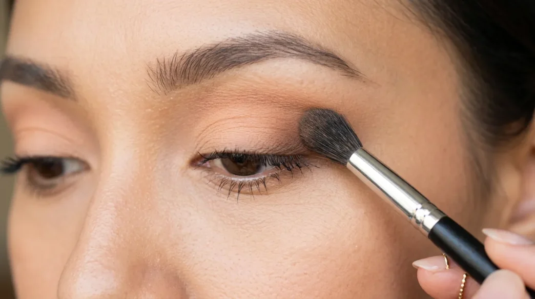 Fluffy makeup brush blending eyeshadow transition shade into eye crease with soft gradient effect