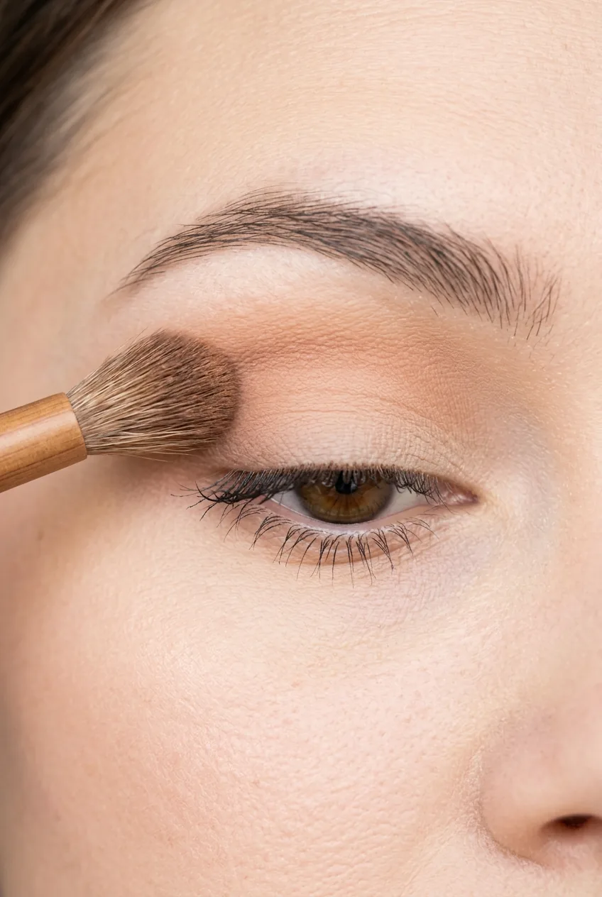 Fluffy blending brush working neutral transition shade into eye crease area creating soft gradient