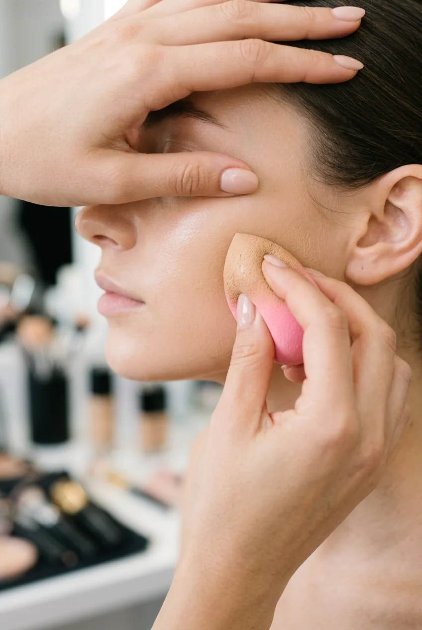 Hands applying full coverage foundation to face using damp beauty blender with smooth blending technique