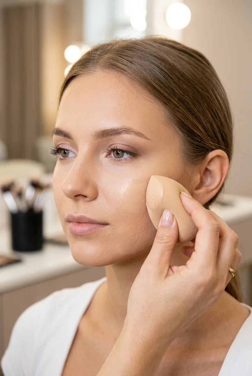 Makeup artist applying foundation with beauty sponge using dabbing technique in bright studio lighting