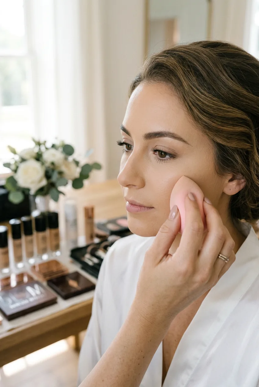 Full-coverage foundation being blended with damp beauty sponge on bride's face in professional makeup setting