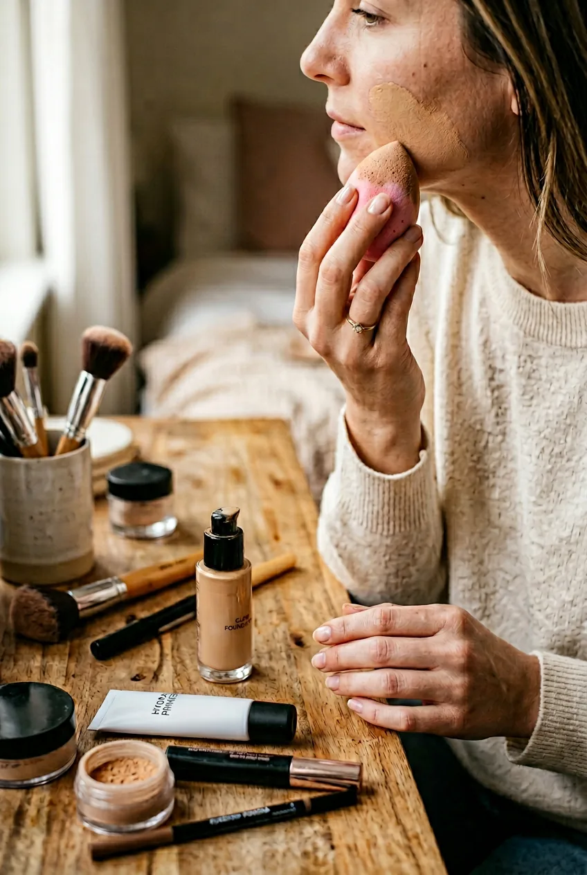 Close-up of hands blending foundation with beauty sponge surrounded by makeup products on vanity