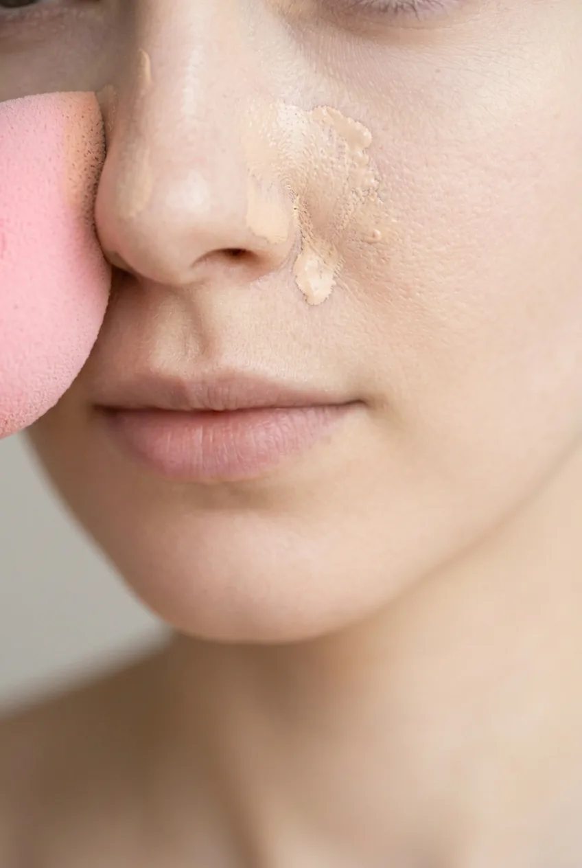 Beauty blender applying liquid foundation to center of face with blending motion