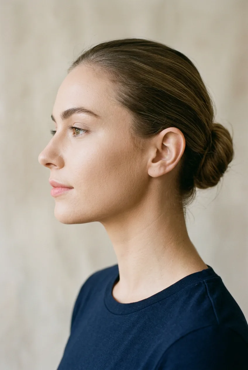 Side profile showing foundation blending seamlessly from face to neck area