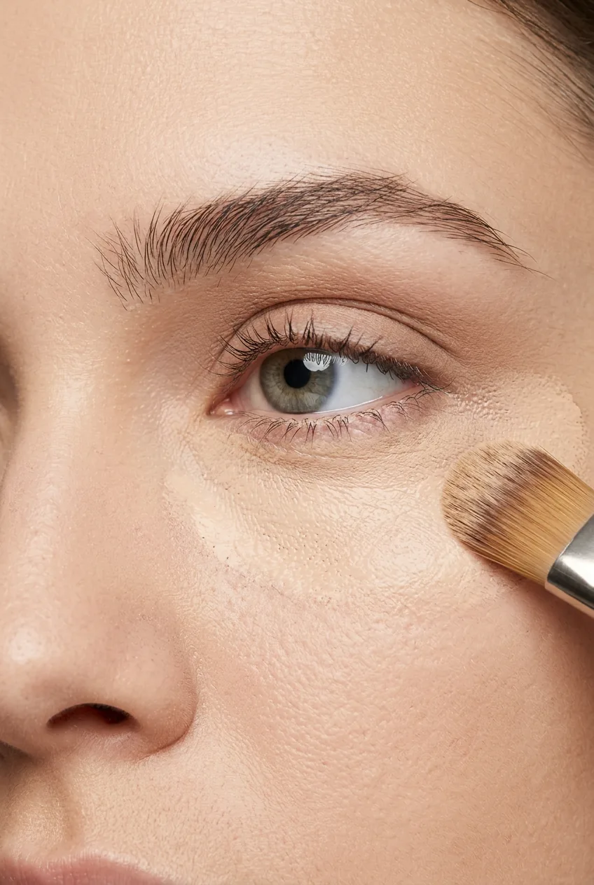 Foundation being blended around eye area showing coverage building technique step by step