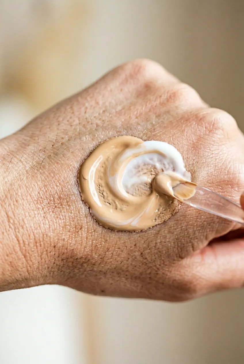 Foundation and moisturizer mixed together on hand showing creamy texture for ABG base