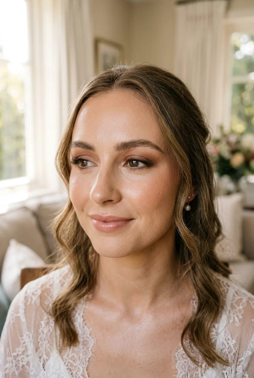 Close-up of woman's face showing fresh natural bridal makeup with soft brown eyeshadow