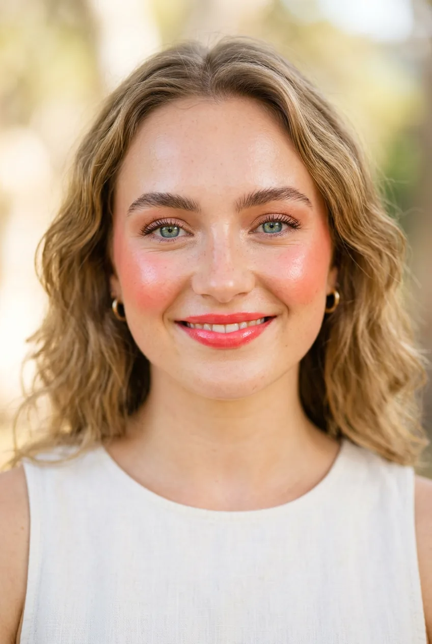 Woman with fresh dewy skin and bright coral blush creating playful natural makeup look