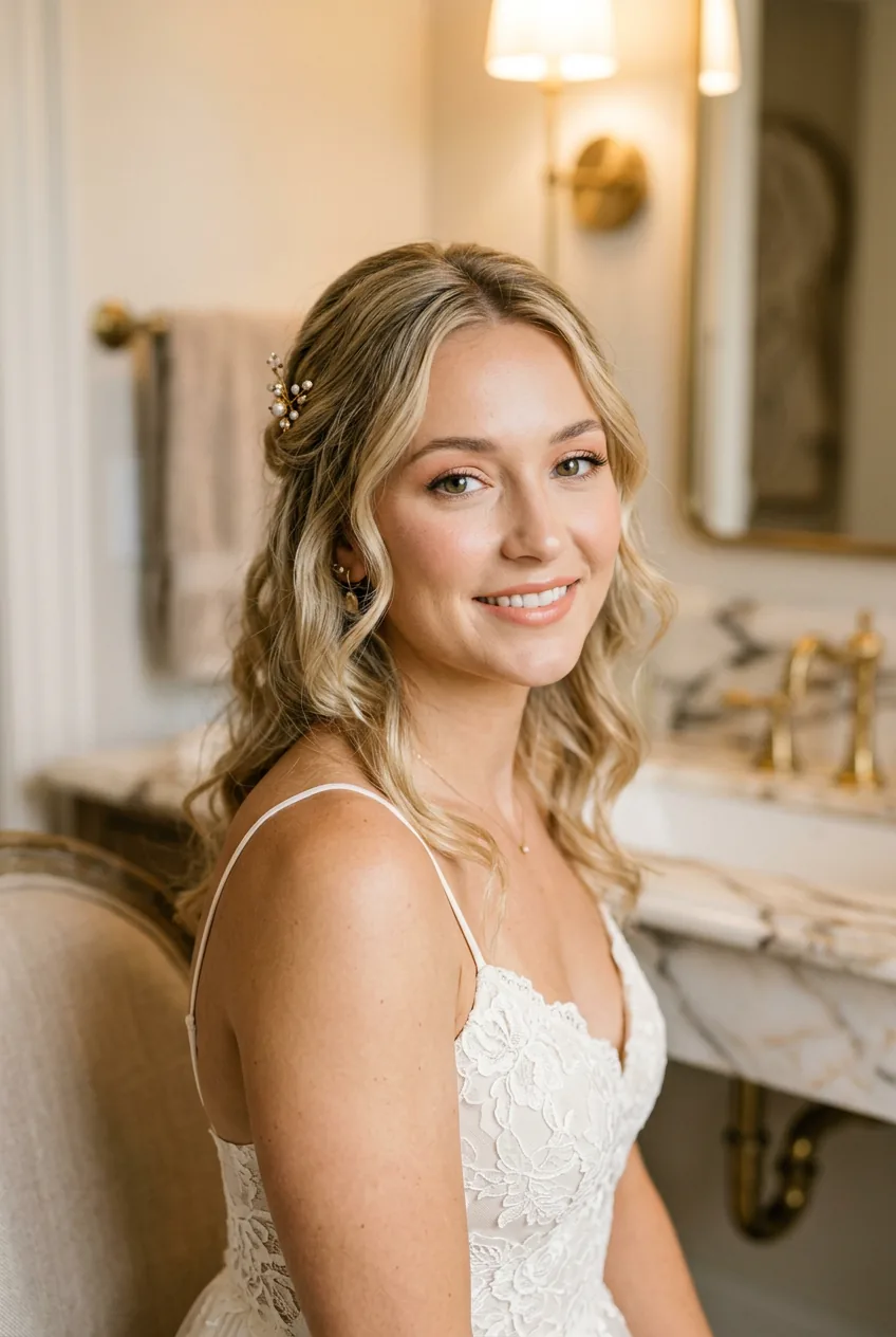 Woman with soft garden party summer wedding makeup in peachy tones with warm lighting
