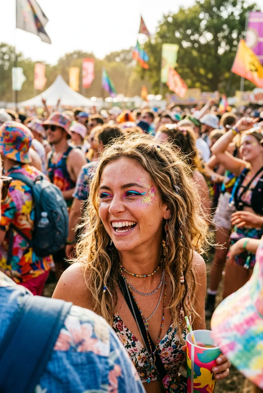 Woman with glitter and neon eyeliner makeup at festival with happy crowd in background