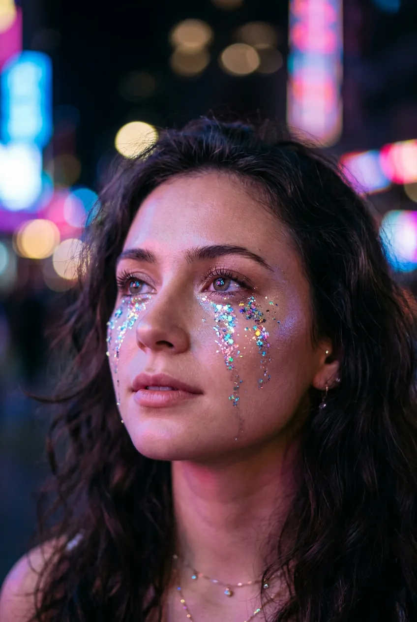 Woman with glitter tears on cheeks creating holographic sparkle effect in city lights