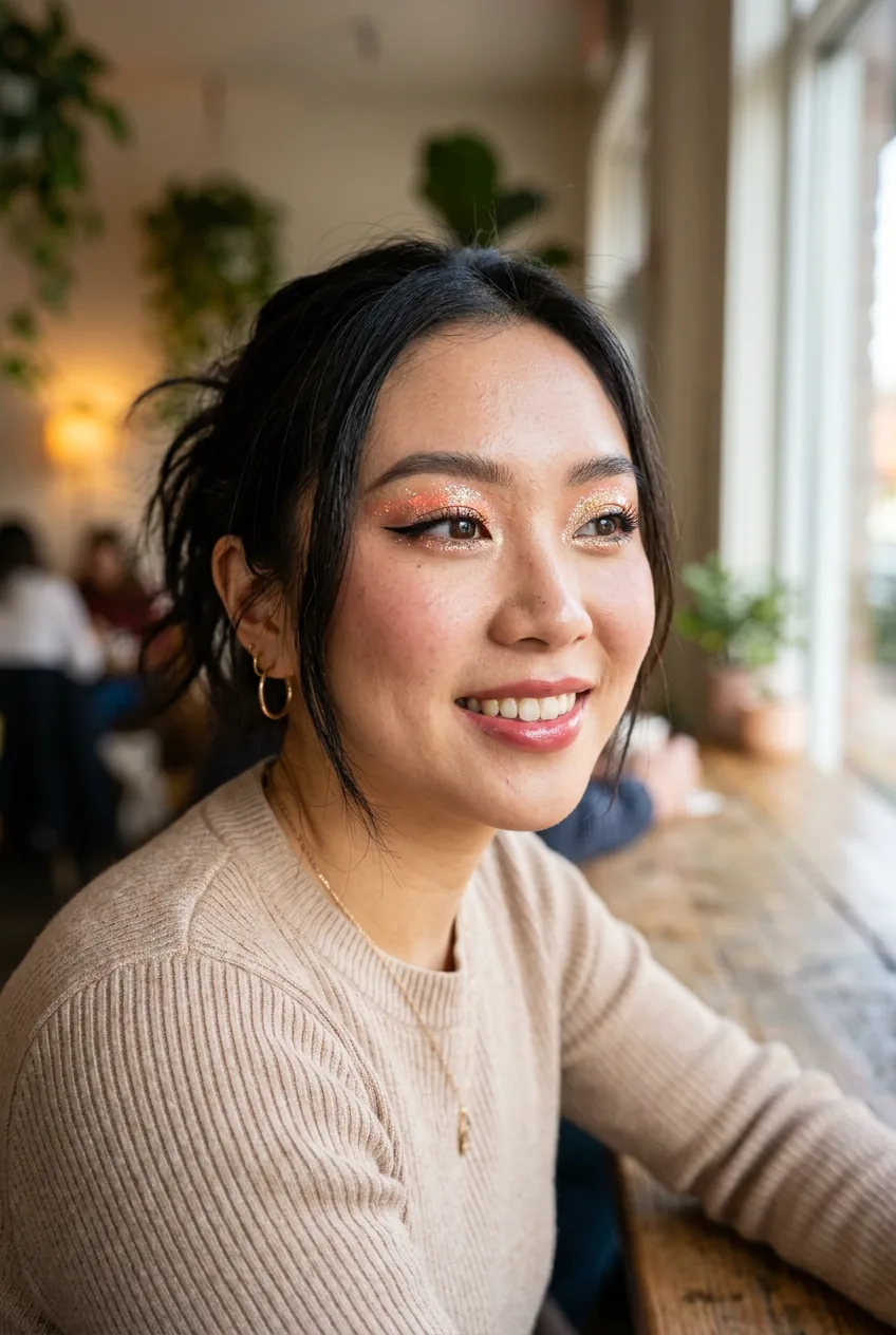 Woman with glittery eyeshadow and creative color combinations displaying bold douyin makeup style