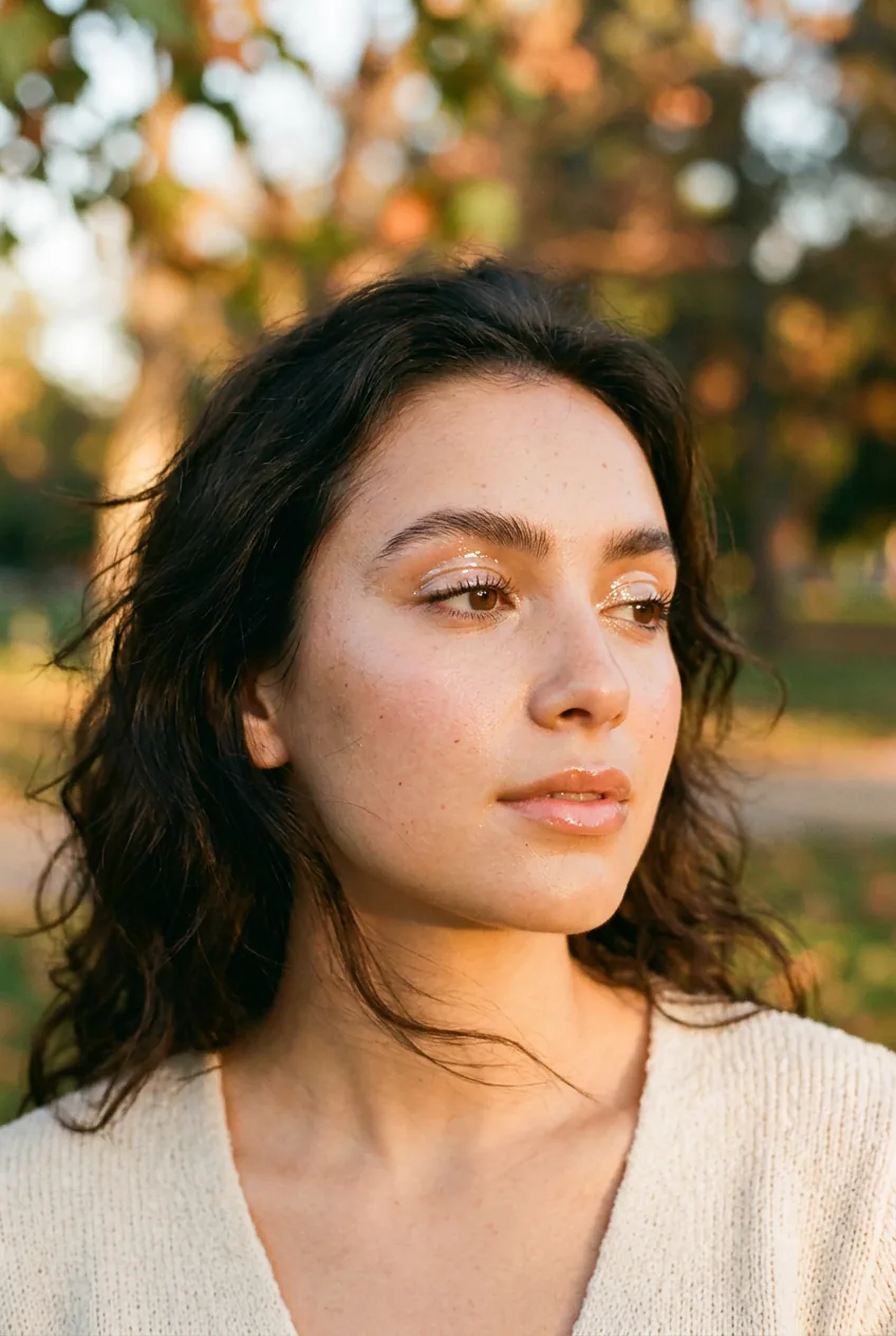 Woman with glossy editorial eyelid makeup reflecting natural light in golden hour setting