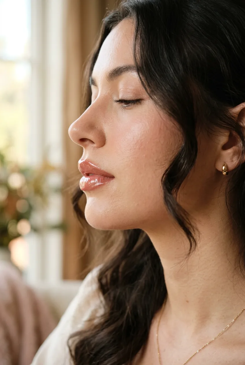 Side profile showing glossy lips with gold shimmer catching soft romantic light