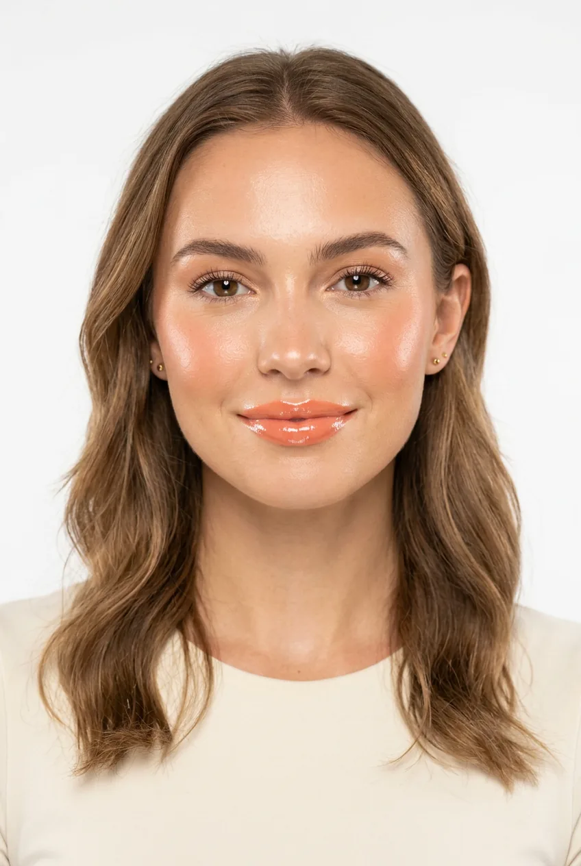 Woman wearing glossy peach lipstick and blush with warm peachy glow across face