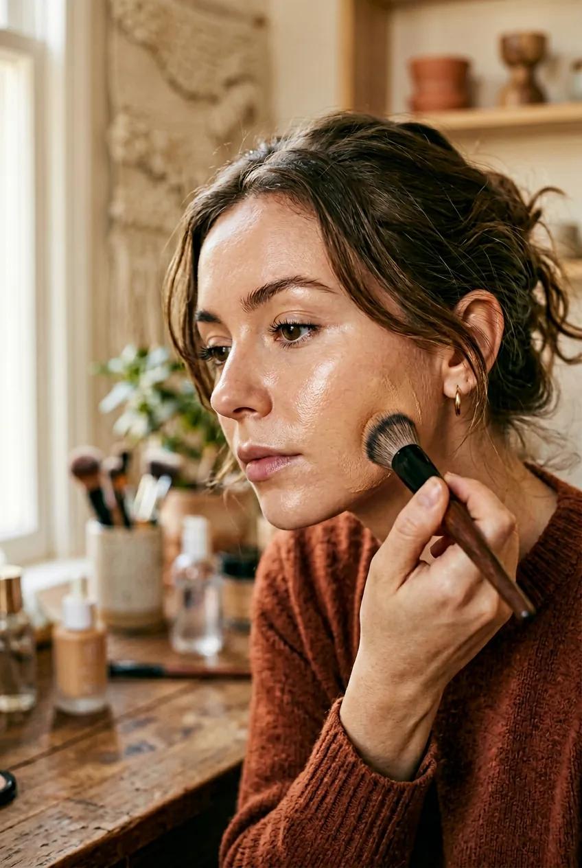 Woman with glowing prepped skin applying foundation with professional brush