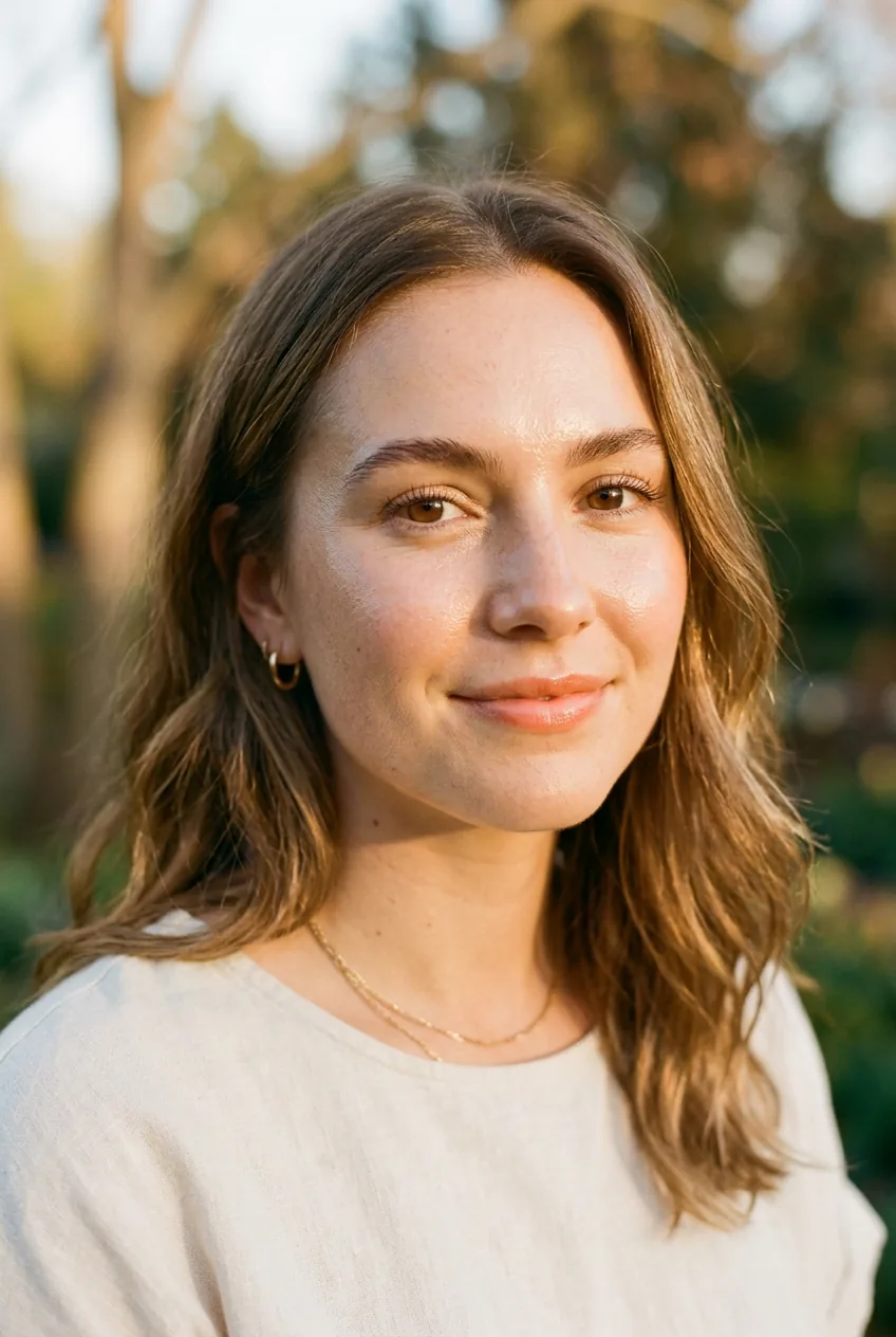 Close-up portrait of woman with dewy glowing skin and minimal natural makeup