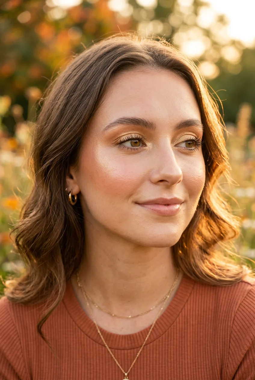 Woman with golden hour glow makeup featuring golden eyeshadow and champagne highlighter in warm light