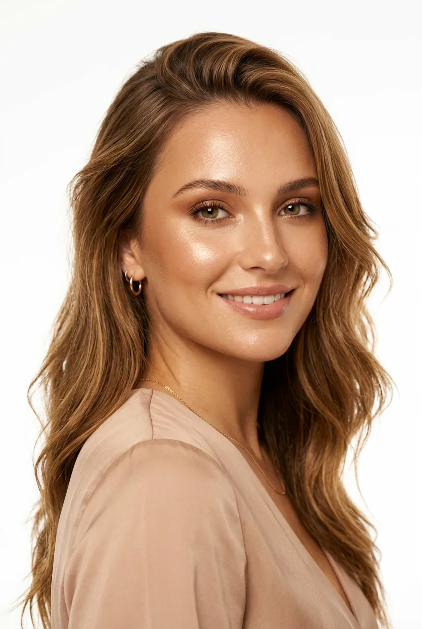 Woman displaying golden hour glow with warm highlights on cheekbones and high points