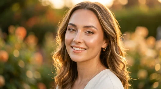 Woman with glowing summer makeup in golden hour light showing dewy skin and subtle highlighting