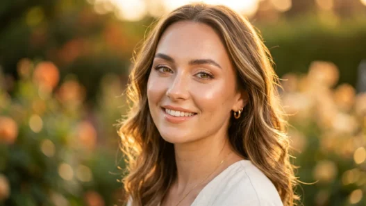 Woman with glowing summer makeup in golden hour light showing dewy skin and subtle highlighting