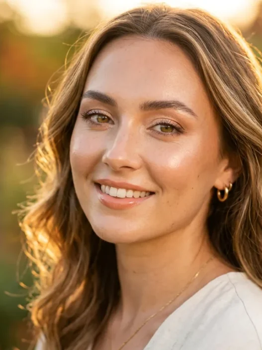 Woman with glowing summer makeup in golden hour light showing dewy skin and subtle highlighting
