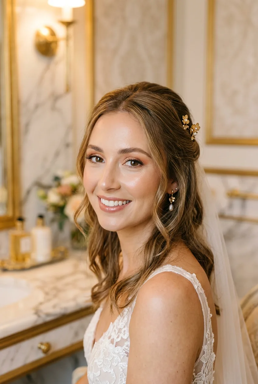 Woman with golden hour summer wedding makeup featuring subtle highlighter and warm undertones