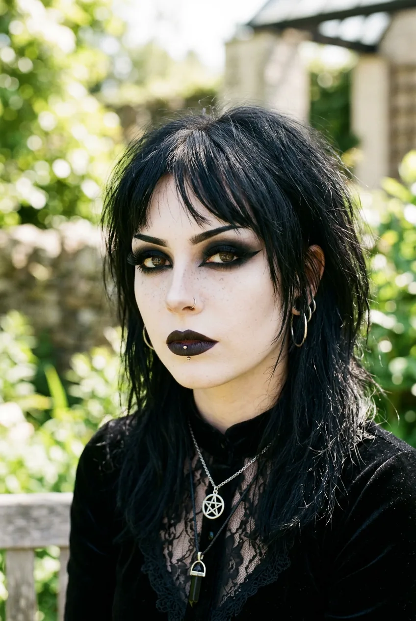 Woman wearing full goth makeup with pale foundation and dark eyes in bright daylight