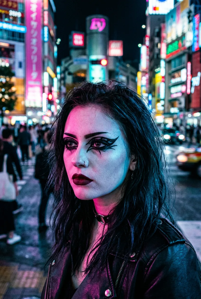 Portrait of woman with gothic makeup featuring heavy black eyeliner and pale foundation in neon lighting