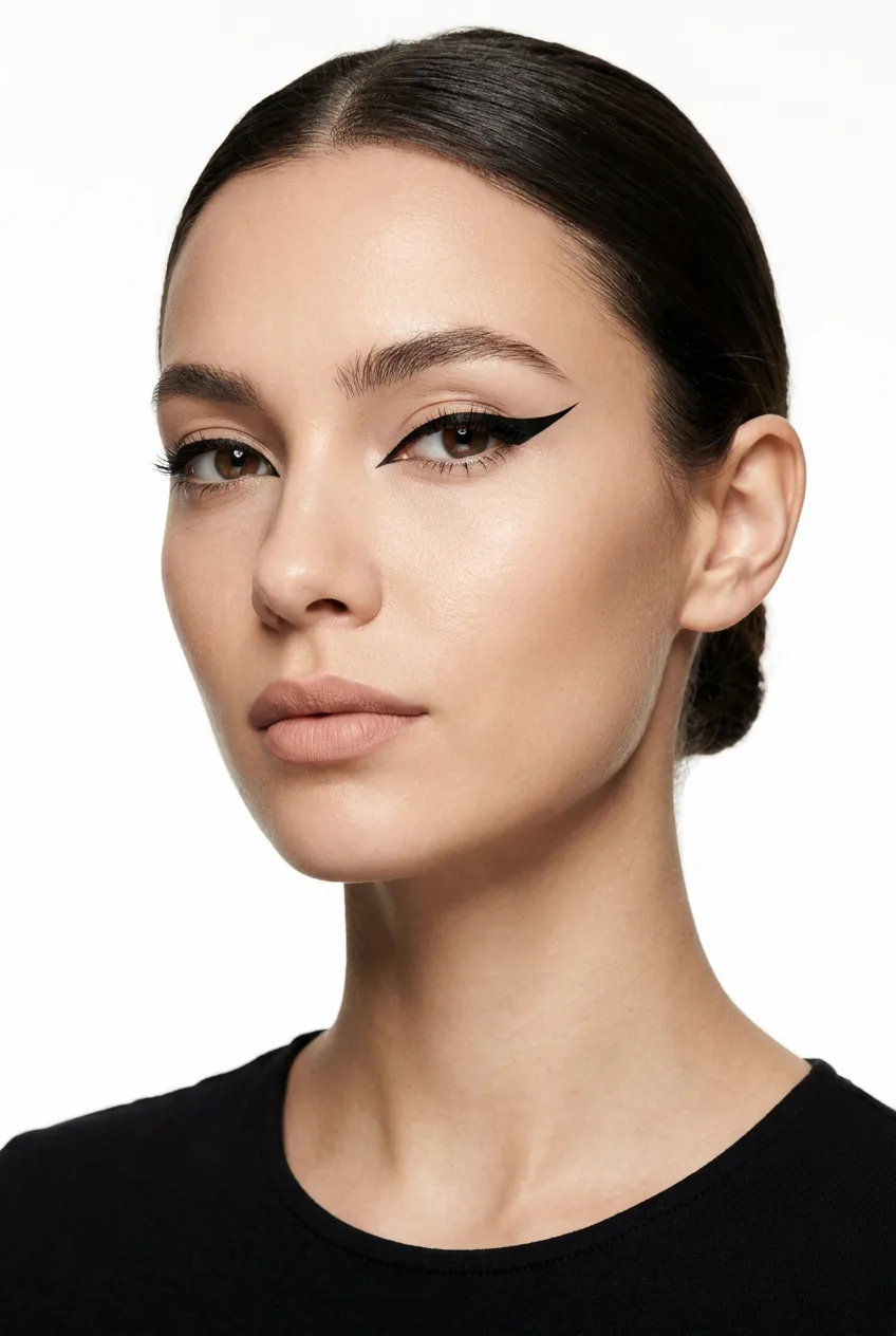 Woman displaying dramatic graphic black eyeliner wing extending to temple area