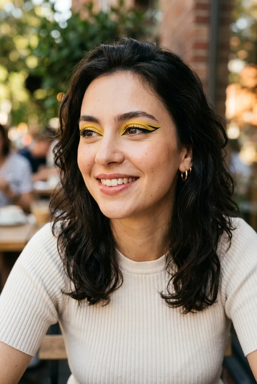 Woman with playful graphic winged eyeliner and bright yellow eyeshadow showing experimental makeup techniques