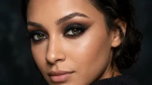 Close-up beauty portrait showing dramatic smoky eye makeup with deep blended shadows in dark moody lighting