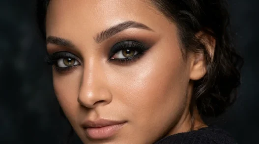 Close-up beauty portrait showing dramatic smoky eye makeup with deep blended shadows in dark moody lighting