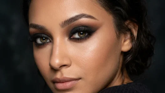Close-up beauty portrait showing dramatic smoky eye makeup with deep blended shadows in dark moody lighting